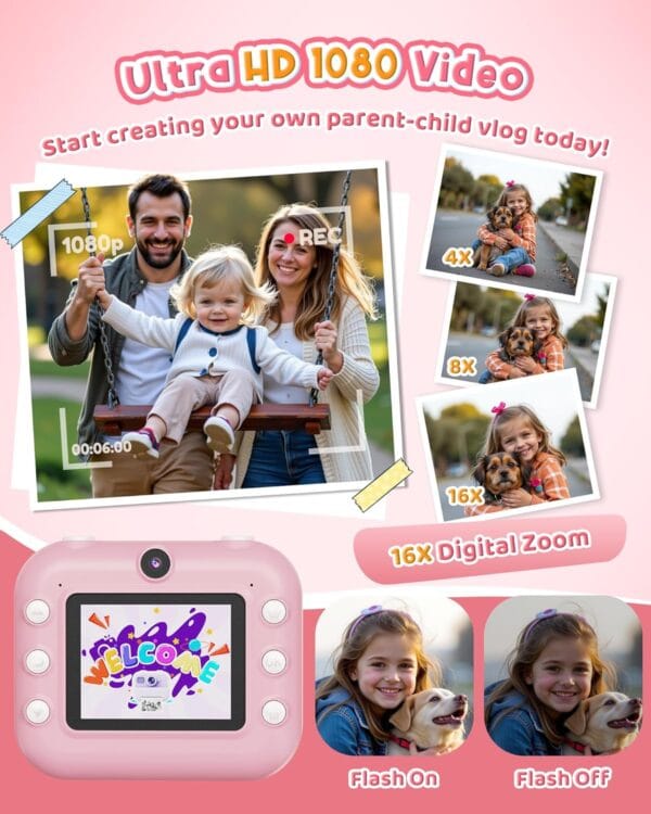 Instant Camera, Front Rear Dual Selfie Kids Camera with 1080P Videos, Holiday Birthday Gifts for Kids Age 3-12, Toddler Portable Travel Print Digital Camera Toy for 4 5 6 7 8 9 Year Boys Girls - Image 4