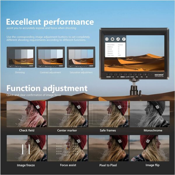 Neewer F100 7inch Camera Field Monitor HD Video Assist IPS 1280x800 HDMI Input 1080p with Sunshade and Ball Head for DSLR Cameras, Handheld Stabilizer, Film Video Making Rig (Battery Not Included) - Image 4
