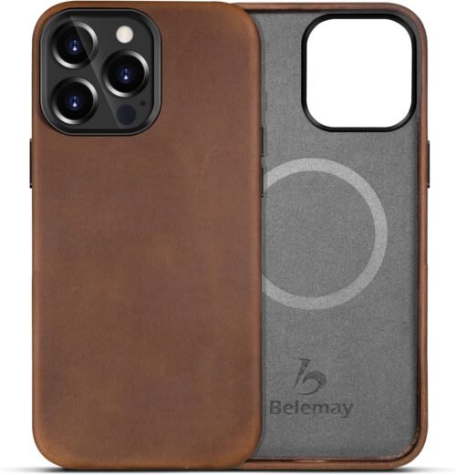 "Vintage Luxe: Belemay's Slim Fit Leather Case for iPhone 14 Pro with Magnetic Marvels"