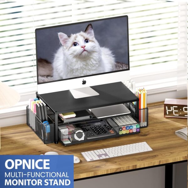 Desk Organizer and Accessories, 2-Tier Computer Monitor Stand with Drawer and 2 Pen Holders, Office Desk Accessories for Office Supplies, Black - Image 6