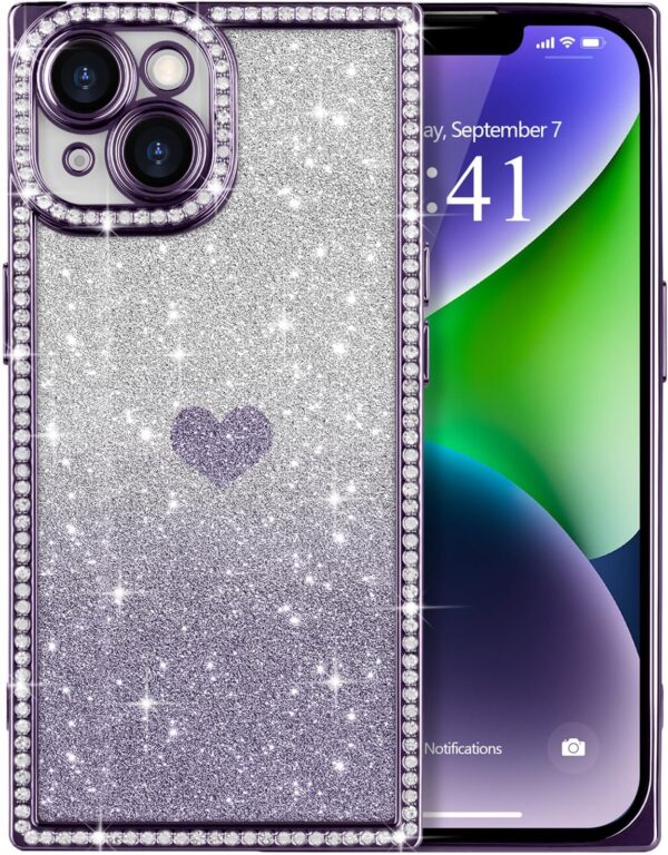 "Dazzling Heart Sparkle: Luxe Crystalline iPhone 14 Case for Glamorous Women and Girls"