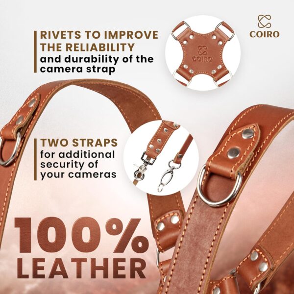 Camera Harness for 2 Cameras – Dual Shoulder Leather Camera Strap – Double Camera Harness for DSLR/SLR, Camera Straps for Photographers of All Levels, Standard Straps/Color Tan - Image 3