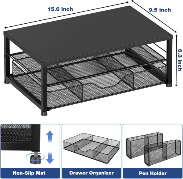 Desk Organizer and Accessories, 2-Tier Computer Monitor Stand with Drawer and 2 Pen Holders, Office Desk Accessories for Office Supplies, Black - Image 3