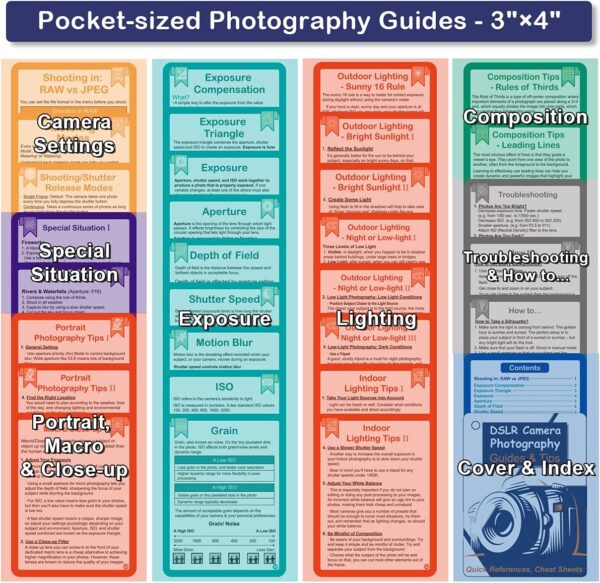 DSLR Cheat Sheet for Canon Nikon Sony Camera Accessories Photography Gifts Photographer, Quick Reference Cards Photography Guides & Tips: Settings, Exposure, Modes, Composition, Lighting Etc 4×3 Inch - Image 7