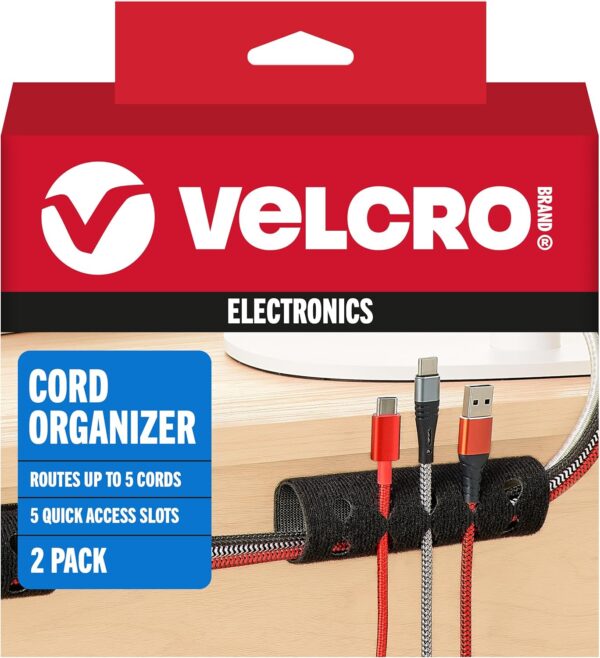 VELCRO Brand Cord Organizer for Desk Cable Management, Nightstand Organization, Unique Dual Function Cable Sleeve Cord Keepers Combo, Holds Wires for Easy Access, Route to Hide, Medium 2pk Black