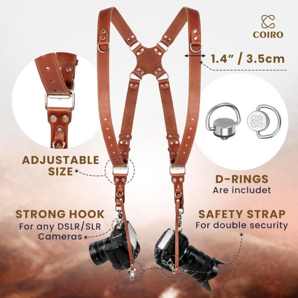 Camera Harness for 2 Cameras – Dual Shoulder Leather Camera Strap – Double Camera Harness for DSLR/SLR, Camera Straps for Photographers of All Levels, Standard Straps/Color Tan - Image 2
