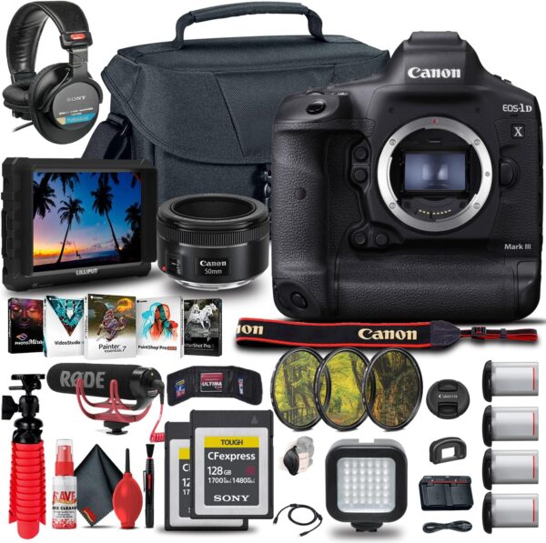Canon EOS-1D X Mark III DSLR Camera (Body Only) (3829C002) + 4K Monitor + Canon EF 50mm Lens + 2 x 128GB CFexpress Card + Pro Mic + Pro Headphones + 3 x LP-E19 Battery + Case + More (Renewed)