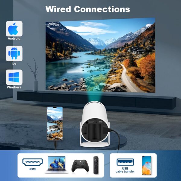 Mini Projector, Support 4K 1080P Portable Projector with Dual Band WIFI6 5G Wireless 5.2 Bluetooth Android 11, 200 ANSI Lumens, 180° Rotatable, Auto Keystone Correction,35"-130" Screen Video Projector - Image 8