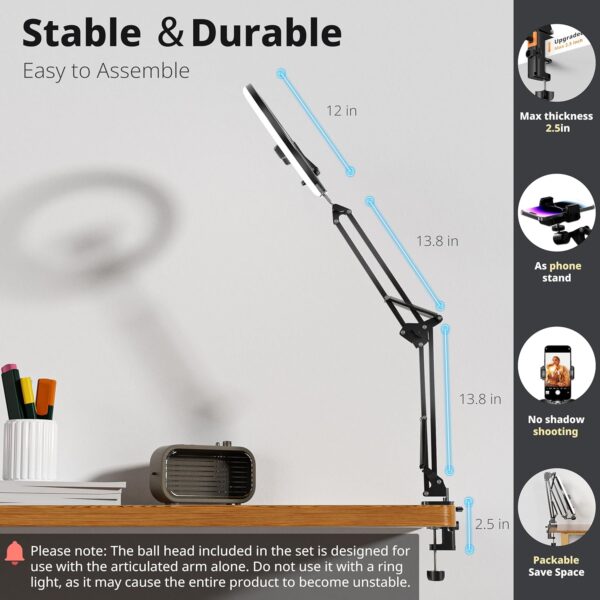 UBeesize 12’’ Ring Light with Overhead Phone Mount, LED Selfie Light with Stand and Phone Holder for iPhone and Laptop, Desk Light for Video Recording, Zoom Meeting, Live Streaming, Tiktok, YouTube - Image 5