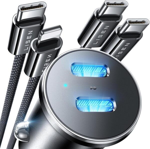 LISEN 90W USB C Car Charger Fast Charging, Dual USB C Port PD 45W Cigarette Lighter Adapter USB C Car Charger iPhone, Super Fast Car Charger USB C with USB C & Lightning Cable for iPhone 16