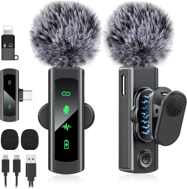 USB C Wireless Lavalier Microphone for iPhone 15 16, Mini LED Display Microphone for Android with Noise Reduction, Lapel Magnetic Clip-on Mic for Recording Content Creator Vlog Tiktok YouTube