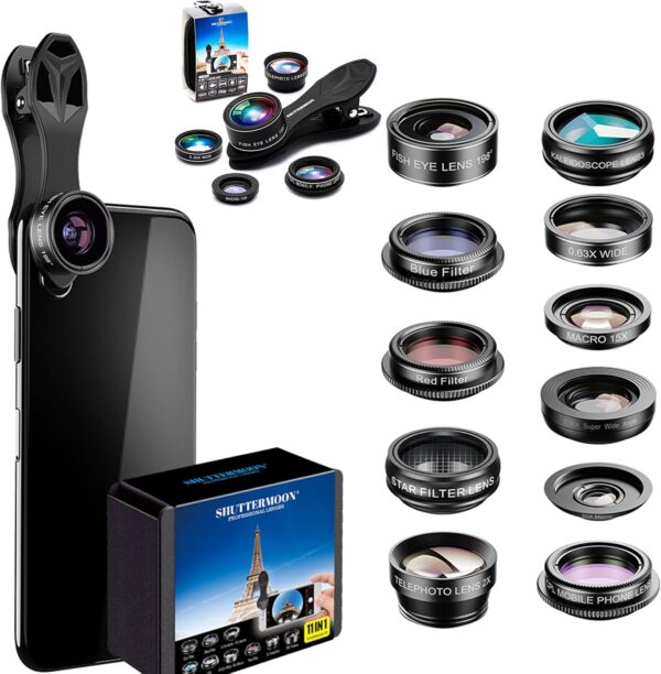 SHUTTERMOON Camera Lens Kit Smartphones/Pixel/Samsung/Android Phones Camera. 2xTele Lens ZoomLens+Fisheye Lens+0.36XSuper Wide Angle Lens & 20X Macro Lens CPL.Blue &Red Filter Filter