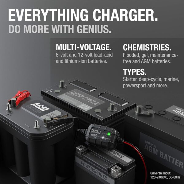 NOCO GENIUS2, 2A Smart Car Battery Charger, 6V and 12V Automotive Charger, Battery Maintainer, Trickle Charger, Float Charger and Desulfator for Motorcycle, ATV, Lithium and Deep Cycle Batteries - Image 5