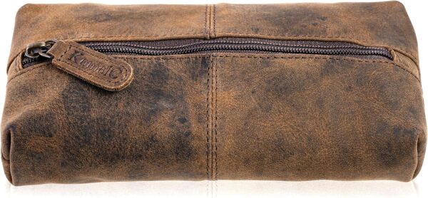 KomalC Genuine Buffalo Leather Zip-Lock Cosmetic & Pencil Pouch – Versatile Makeup and Stationery Case