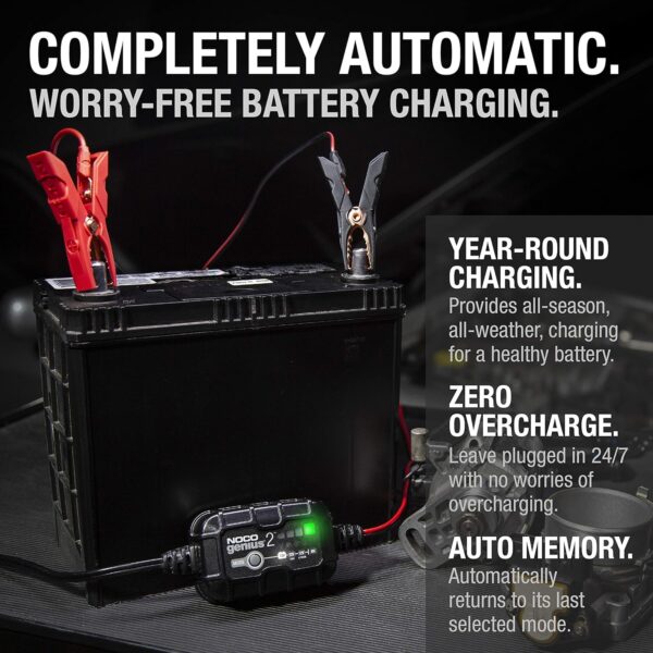 NOCO GENIUS2, 2A Smart Car Battery Charger, 6V and 12V Automotive Charger, Battery Maintainer, Trickle Charger, Float Charger and Desulfator for Motorcycle, ATV, Lithium and Deep Cycle Batteries - Image 7