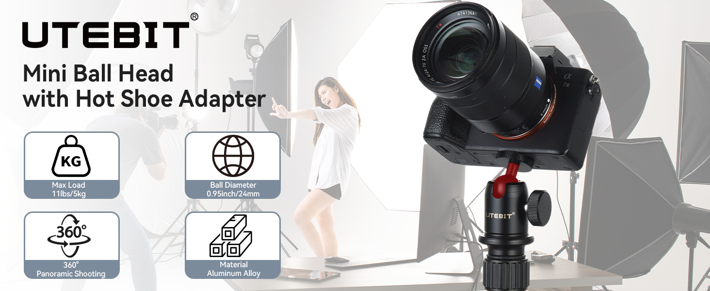 Elevate Your Photography: UTEBIT 360° Mini Ball Head Tripod Adapter - Sleek Aluminium Design for DSLRs and More! 9 Mini Ball Head with Hot Shoe Adapter