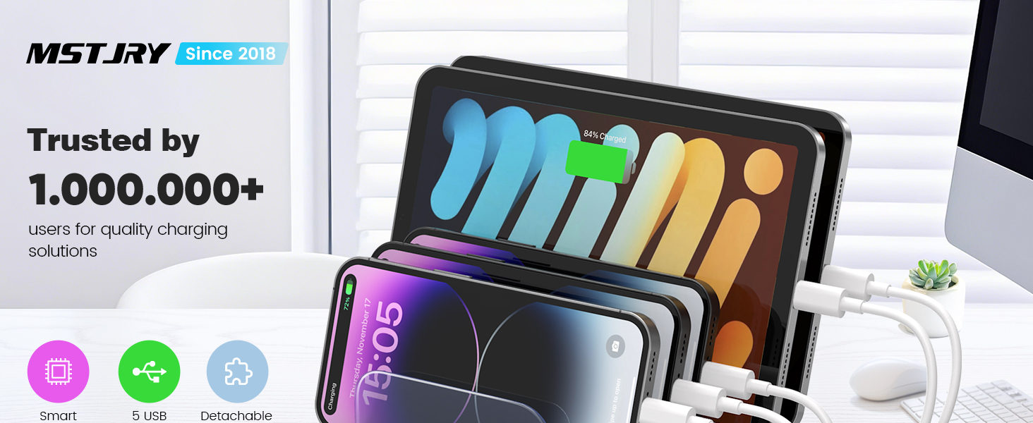 MSTJRY Ultimate 5-Port Charging Hub: Streamline Your Device Power-Up with Included Cables! 7 Image Description 1