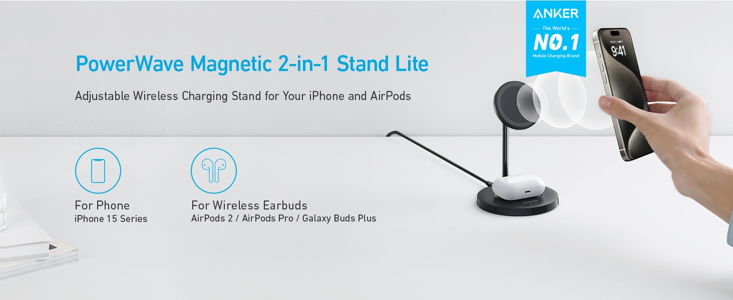 Anker iPhone 16 Wireless Charging Stand, PowerWave 2-in-1 Magnetic Stand Lite with USB-C Cable, For iPhone 16/15/14/13 Series, AirPods (No AC Adapter) 14 Anker iPhone 16 Wireless Charging Stand, PowerWave 2-in-1 Magnetic Stand Lite with USB-C Cable, For iPhone 16/15/14/13 Series, AirPods (No AC Adapter)-