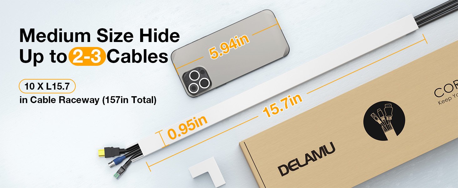 Delamu Cord Hider, 157in Wire Covers for Cords on Wall, Premium Cable Hider Cord Covers for Wires, Cable Management Wire Hiders for TV, Cable Raceway Kit, 10X L15.7X W0.95x H0.55in, White 11 Delamu Cord Hider, 157in Wire Covers for Cords on Wall, Premium Cable Hider Cord Covers for Wires, Cable Management Wire Hiders for TV, Cable Raceway Kit, 10X L15.7X W0.95x H0.55in, White-