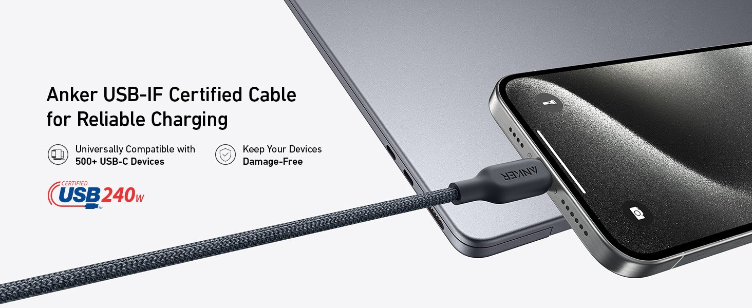 Anker USB C Cable, 240W Bio-Braided Type C Fast Charge Cord for iPhone 16/16 Pro, MacBook Pro 2020, iPad Pro,and More(USB 2.0, 10FT, Phantom Black) 9 Anker USB C Cable, 240W Bio-Braided Type C Fast Charge Cord for iPhone 16/16 Pro, MacBook Pro 2020, iPad Pro,and More(USB 2.0, 10FT, Phantom Black)-