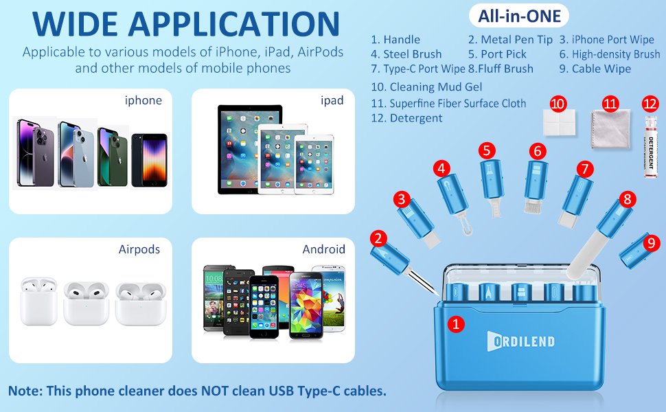 iPhone Cleaning Kit for Charging Port Cleaner, Multi-Tool iPhone Cleaner Repair Lightning Cables, Phone Cleaning Kit for iPhone, iPad, Connectors, Speaker, Airpod Cleaner Kit, Light Blue 15 iPhone Cleaning Kit for Charging Port Cleaner, Multi-Tool iPhone Cleaner Repair Lightning Cables, Phone Cleaning Kit for iPhone, iPad, Connectors, Speaker, Airpod Cleaner Kit, Light Blue-