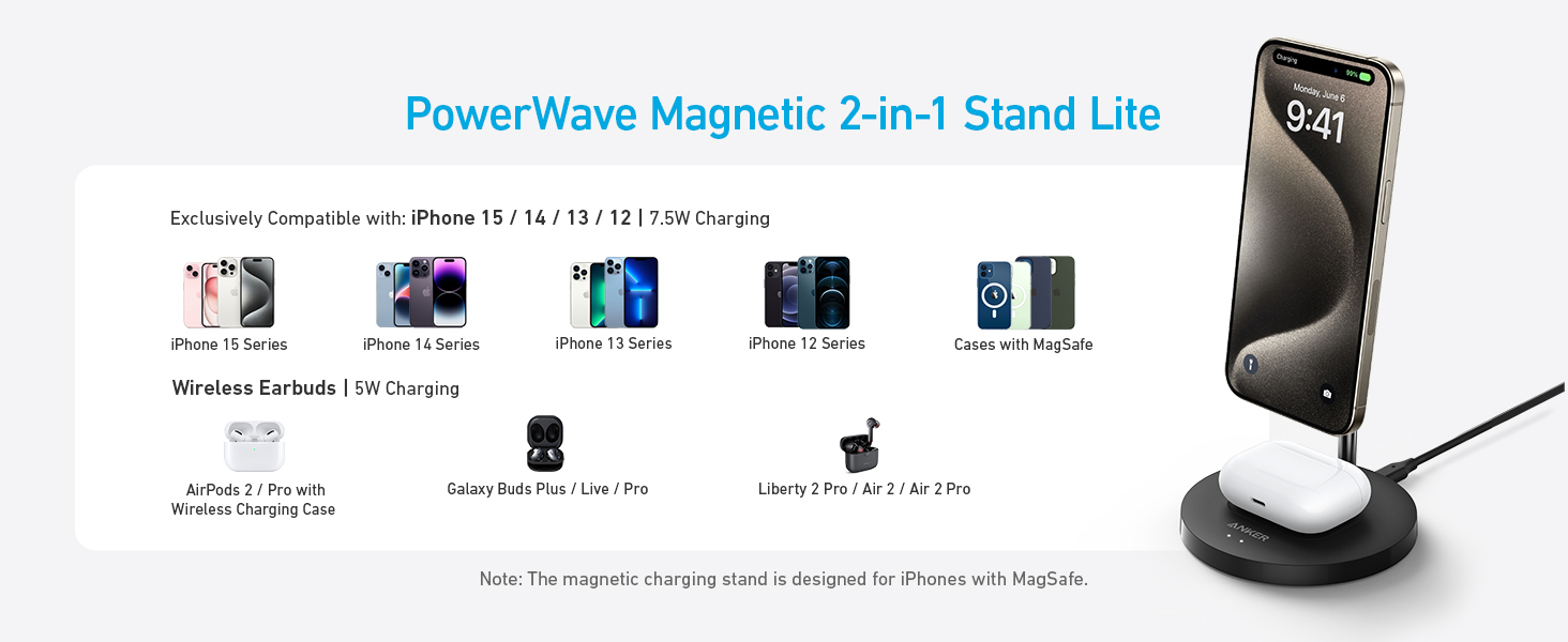 Anker iPhone 16 Wireless Charging Stand, PowerWave 2-in-1 Magnetic Stand Lite with USB-C Cable, For iPhone 16/15/14/13 Series, AirPods (No AC Adapter) 16 Anker iPhone 16 Wireless Charging Stand, PowerWave 2-in-1 Magnetic Stand Lite with USB-C Cable, For iPhone 16/15/14/13 Series, AirPods (No AC Adapter)-