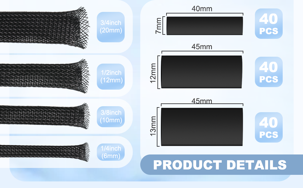 Tatuo 65.6 ft Expandable Braided Cable Sleeve Multi Size Braided Wire Sleeve with 120 Pcs Heat Shrink Tubing for Television Audio Computer Cables Video Pets,1/4 in,2/5 in,1/2 in,3/4 in(Black) 9 Tatuo 65.6 ft Expandable Braided Cable Sleeve Multi Size Braided Wire Sleeve with 120 Pcs Heat Shrink Tubing for Television Audio Computer Cables Video Pets,1/4 in,2/5 in,1/2 in,3/4 in(Black)-