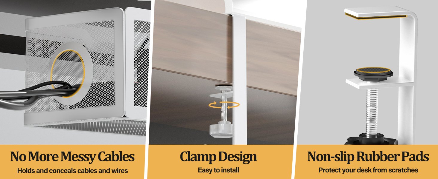 Under Desk Cable Management Tray White, Cinati Wire Organizers No Drill, Cable Tray with Clamp for Wire Management, Cord Organization Box for Office, Home - No Damage to Desk 10 Under Desk Cable Management Tray White, Cinati Wire Organizers No Drill, Cable Tray with Clamp for Wire Management, Cord Organization Box for Office, Home - No Damage to Desk-
