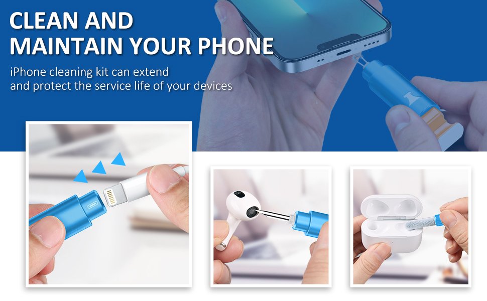 iPhone Cleaning Kit for Charging Port Cleaner, Multi-Tool iPhone Cleaner Repair Lightning Cables, Phone Cleaning Kit for iPhone, iPad, Connectors, Speaker, Airpod Cleaner Kit, Light Blue 11 iPhone Cleaning Kit for Charging Port Cleaner, Multi-Tool iPhone Cleaner Repair Lightning Cables, Phone Cleaning Kit for iPhone, iPad, Connectors, Speaker, Airpod Cleaner Kit, Light Blue-