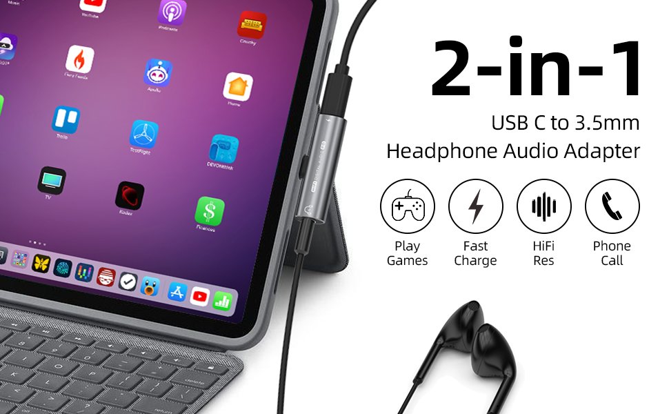 USB C Headphone Adapter, 2 in 1 USB C to 3.5mm Headphone Jack HiFi DAC with 27W Fast Charging Dongle Adapter Compatible for iPhone 15 15Pro 15promax,Samsung Galaxy S23 S22 S21 S20+ Note 20 Pixel 6/5 9 USB C Headphone Adapter, 2 in 1 USB C to 3.5mm Headphone Jack HiFi DAC with 27W Fast Charging Dongle Adapter Compatible for iPhone 15 15Pro 15promax,Samsung Galaxy S23 S22 S21 S20+ Note 20 Pixel 6/5-