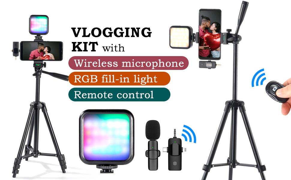 iPhone Vlogging Kit with Tripod, Wireless Microphone, RGB Fill-in Light, Remote for YouTube Content Creators 7 iPhone Vlogging Kit with Tripod, Wireless Microphone, RGB Fill-in Light, Remote for YouTube Content Creators-