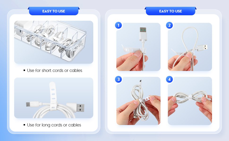 Tatuo 4 Pcs Cable Organizer with 40 Wire Ties, Clear Plastic Cord Charger Storage Box with Clear Lid for Home Office Desk Organization and Accessories 13 Tatuo 4 Pcs Cable Organizer with 40 Wire Ties, Clear Plastic Cord Charger Storage Box with Clear Lid for Home Office Desk Organization and Accessories-