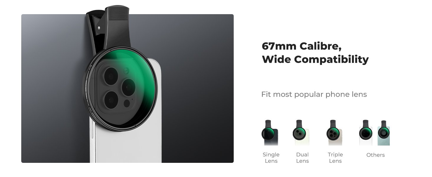 K&F Concept 67mm Clip-on ND2-32 Phone Camera Lens Filter Kit, Multi-Coated Variable Neutral Density Light Reduction Filter Compatible with iPhone 16 15 14 13 12 11 and Other Smart Phone 11 K&F Concept 67mm Clip-on ND2-32 Phone Camera Lens Filter Kit, Multi-Coated Variable Neutral Density Light Reduction Filter Compatible with iPhone 16 15 14 13 12 11 and Other Smart Phone-