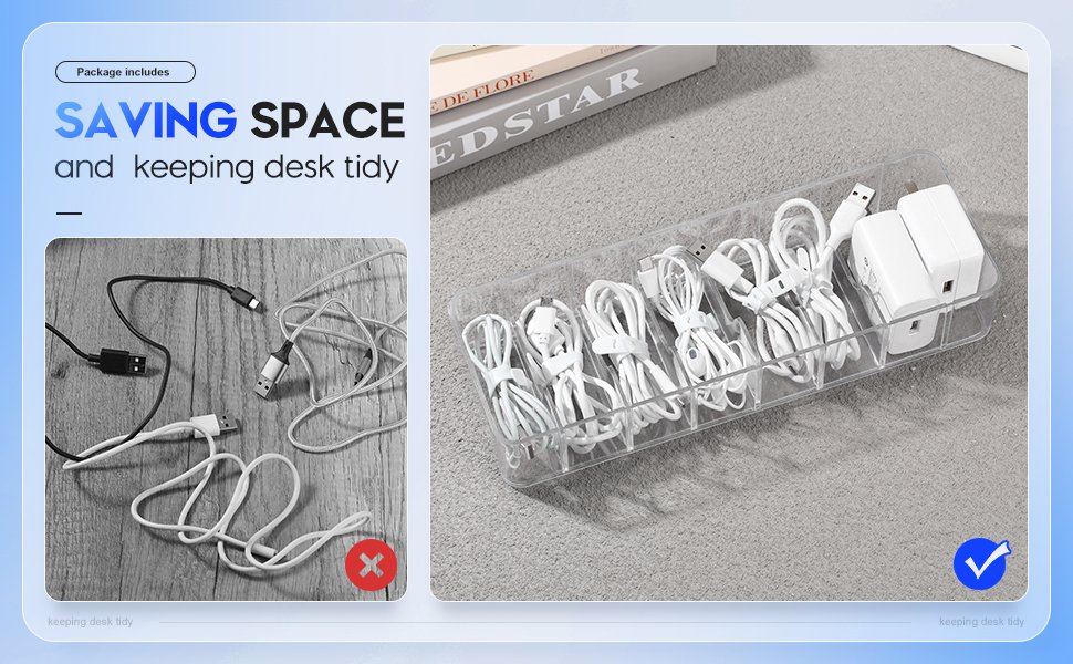 Tatuo 4 Pcs Cable Organizer with 40 Wire Ties, Clear Plastic Cord Charger Storage Box with Clear Lid for Home Office Desk Organization and Accessories 14 Tatuo 4 Pcs Cable Organizer with 40 Wire Ties, Clear Plastic Cord Charger Storage Box with Clear Lid for Home Office Desk Organization and Accessories-