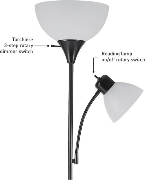 GLOBE Electric 67135 72" Torchiere Floor Lamp + Adjustable Reading Light, Matte Black, Frosted Plastic Shade, 3-Step Rotary Switch on Socket, Living Room Décor, Reading Light, Home Essentials - 이미지 5