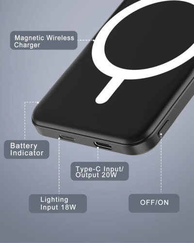 podoru for Magsafe Battery Pack, 5000mAh Magnetic Power Bank with Type-C Cable 20W PD Fast Charging Lighting Input Wireless Portable Charger for iPhone 16/15/14/13/12/ All Series-Black - 이미지 5