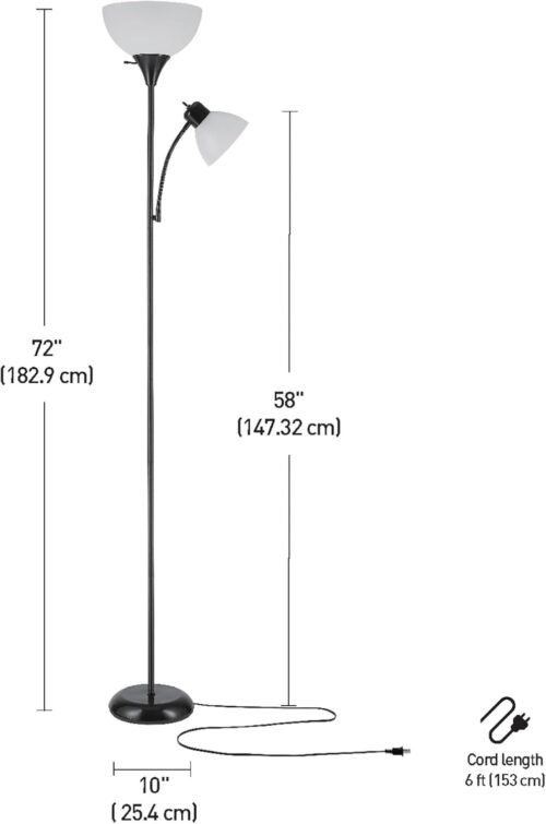 GLOBE Electric 67135 72" Torchiere Floor Lamp + Adjustable Reading Light, Matte Black, Frosted Plastic Shade, 3-Step Rotary Switch on Socket, Living Room Décor, Reading Light, Home Essentials - 이미지 7