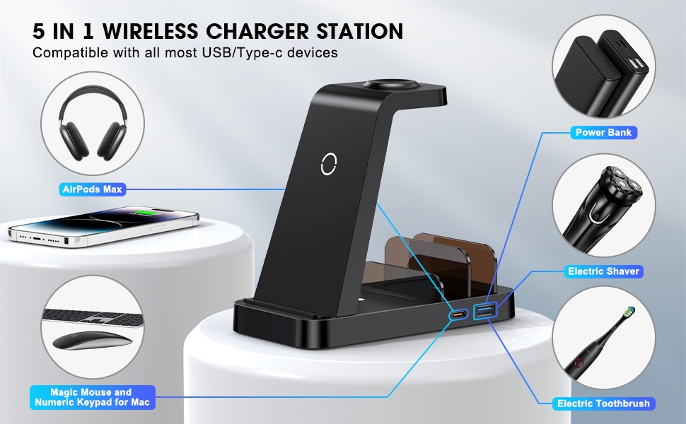 Wireless Charger for iPhone - 5 in 1 Charging Station for Multiple Devices Apple: Fast Wireless Charging Stand Dock for iPhone 16e 16 15 14 13 12 Pro Max Apple Watch Airpods 8 Wireless Charger for iPhone - 5 in 1 Charging Station for Multiple Devices Apple: Fast Wireless Charging Stand Dock for iPhone 16e 16 15 14 13 12 Pro Max Apple Watch Airpods-
