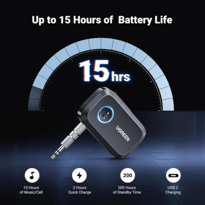 UGREEN 5.4 Aux Bluetooth Adapter, Noise Cancelling 3.5mm AUX Bluetooth Car Adapter, Wireless Audio Receiver for Home Stereo/Wired Speaker, 15H Battery Life - 이미지 6