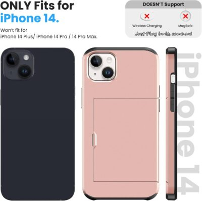 Jiunai for iPhone 14 Case Card Holder Wallet CC IDs License Access Card Slot Minimalist Dual Layer Hybrid Bumper Anti Scratch Protective Pocket Phone Cases for iPhone 14 6.1'' 2022 Men Women Rose Gold - 이미지 2