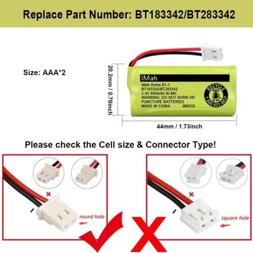 iMah BT183342/BT283342 2.4V 400mAh Ni-MH Battery Compatible with AT&T CL82207 EL52100 EL50003 VTech CS6709 CS6609 CS6409 BL102-3 Handset Replace Battery BT166342 BT266342 BT162342 BT262342, 2-Pack - 이미지 3