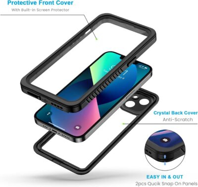 Lanhiem for iPhone 13 Case, IP68 Waterproof Dustproof Shockproof Cases with Built-in Screen Protector, Full Body Sealed Protective Front and Back Cover for iPhone 13, 6.1 inch (Black) - 이미지 3