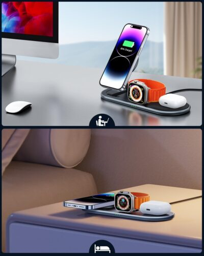 3 in 1 Charging Station for Apple Compatible with Magsafe Charger Stand with Apple Charging Station for iPhone 16 15 14 13 12, for Apple Watch, for AirPods 2/3/4/Pro/Pro 2 (Foldable) (Black) - 이미지 6