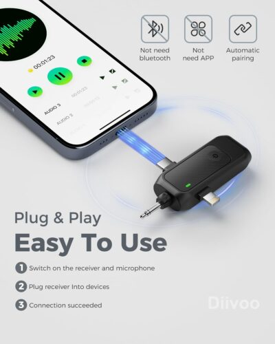 Diivoo 3 in 1 Wireless Lavalier Microphones, Wireless Mic for Camera Campatible iPhone, Android, Camera, USB-C Mini Mic, 100ft Transmission, 10-Hour Battery, Noise Cancelling for Video Recording - 이미지 6