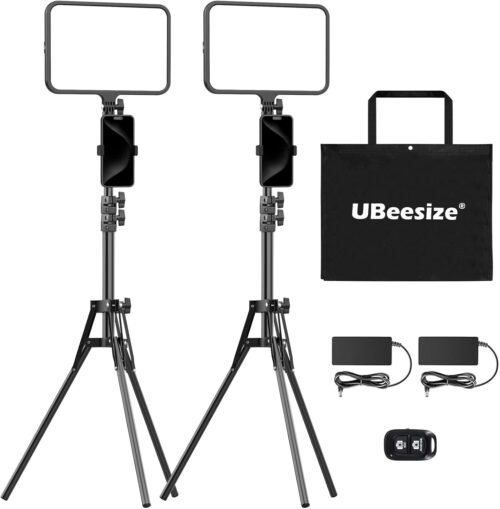 UBeesize 2 Pack LED Video Light Kit, Photography Lighting, 13" Studio Lights with 65" Tripod Stand and Phone Holders, Podcast Lighting for Video Recording, Make up, Live Streaming, Tiktok, YouTube