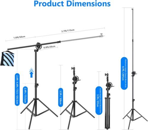 Neewer 2-in-1 Photography Light Stand, Aluminum Alloy 9.7ft Heavy Duty Tripod Stand with 3.8ft Boom Arm and Empty Sandbag for Video Light, Strobe, Reflector, Softbox for Studio Photo Video Shooting - 이미지 2