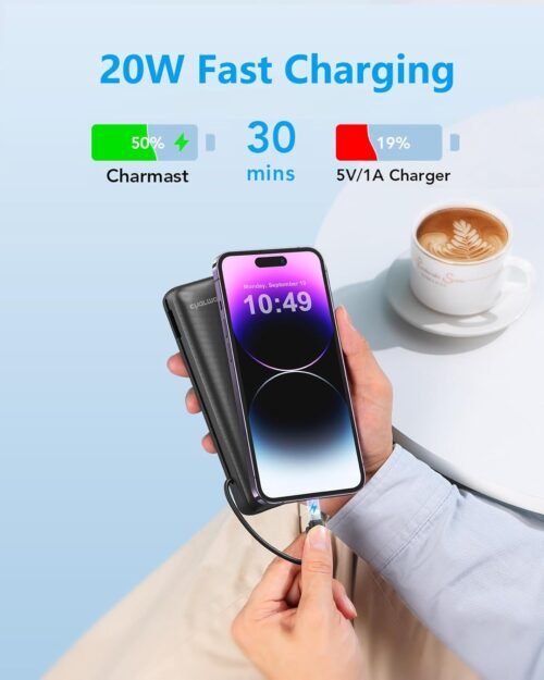 Charmast Portable Charger with Built-in Cables and Wall Plug, 20000mAh 20W USB C Power Bank Fast Charging Battery Pack Compatible with iPhone iPhone 16/15/14/13 Series, Samsung Google iPad etc - 이미지 3