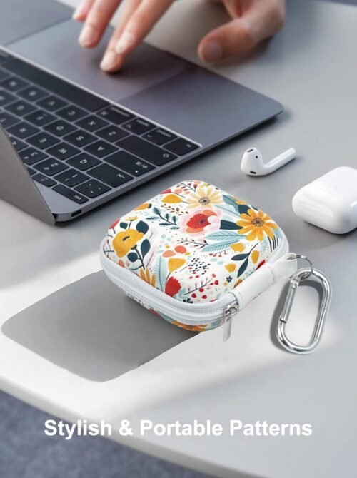 Square Earbud Case Headphone Organizer Ear Bud Case Portable EVA Carrying Box Storage Bag with Carabiner for AirPods Beats Bose Galaxy Buds 3 Data Cable Storage (Blooming Floral) - 이미지 5