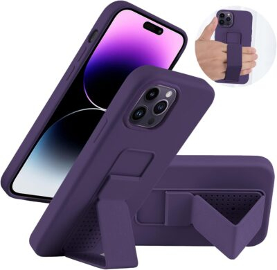 LAUDTEC Silicone Kickstand Case Compatible with iPhone 14 Pro, Vertical and Horizontal Stand Hand Strap Metal Kickstand Cover, Flexible Soft Liquid Silicone Stand Case for iPhone 14 Pro (Deep Purple)