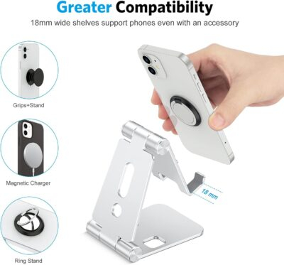 OMOTON Foldable Cell Phone Stand, C4 Portable Aluminum Phone Holder, Adjustable Phone Dock Cradle Compatible with iPhone 16/15/14/13 Pro Max, Samsung Galaxy, Small Tablets, All Smart Phones, Silver - 이미지 7